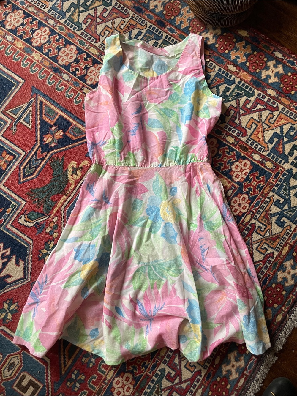 Vintage Pink Floral Sundress with Pastel Green & Blue Leaves